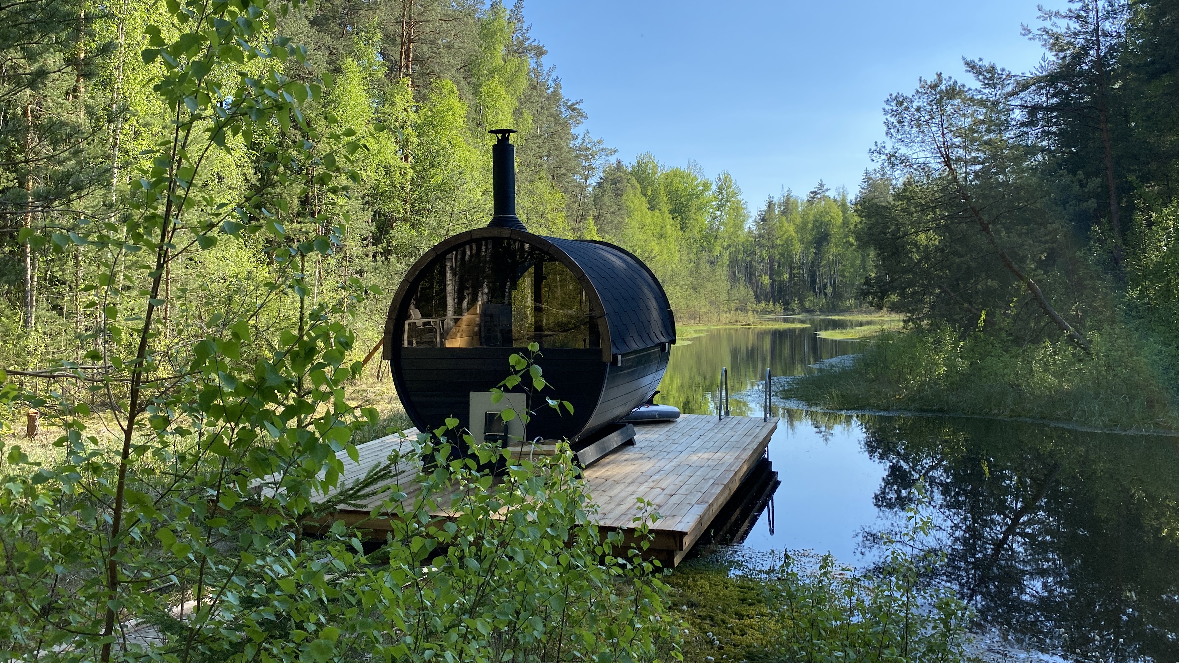 saunas on the shores of a bog lake