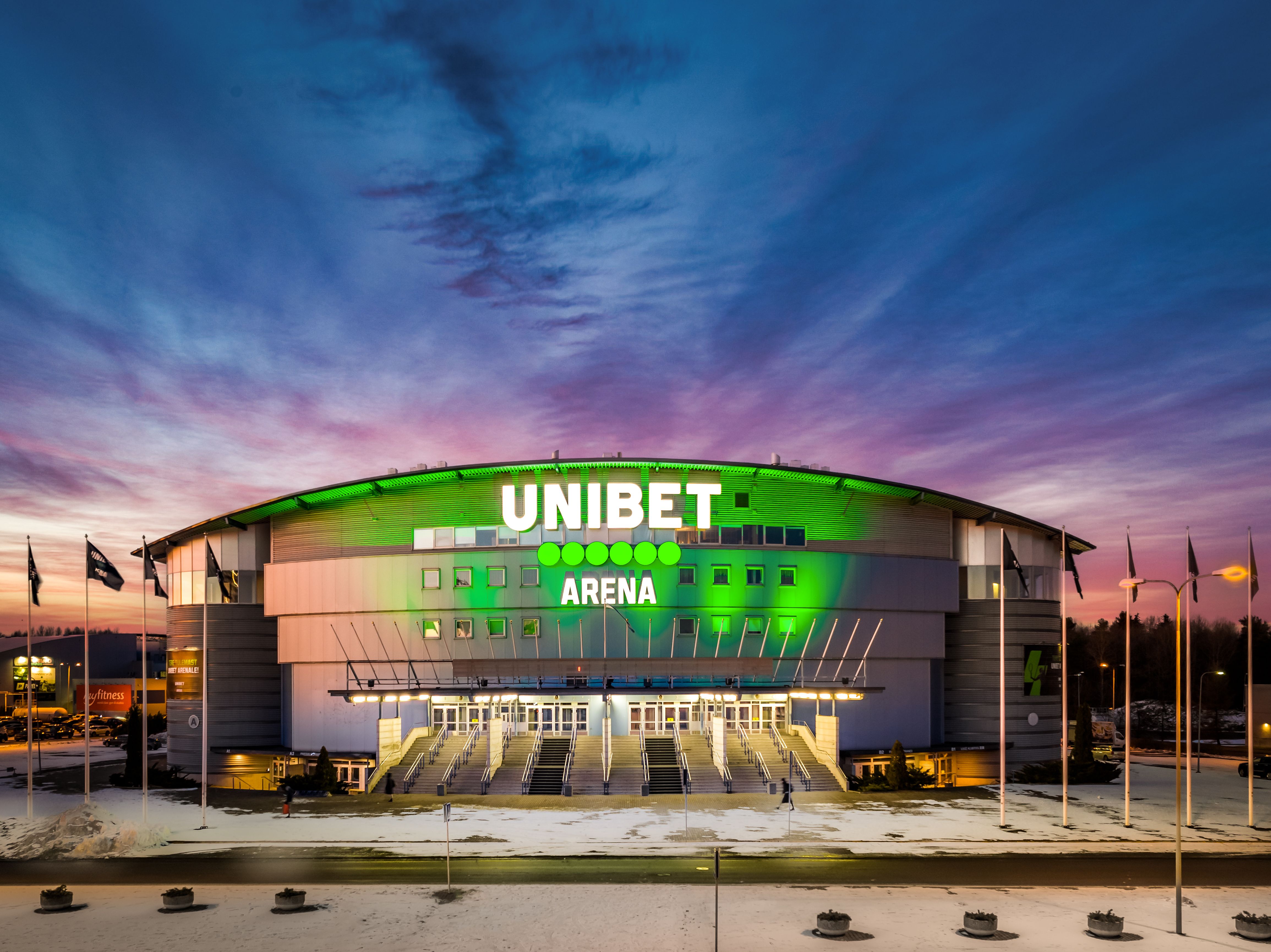 Outdoor view of Tallinn Unibet Arena in evening light