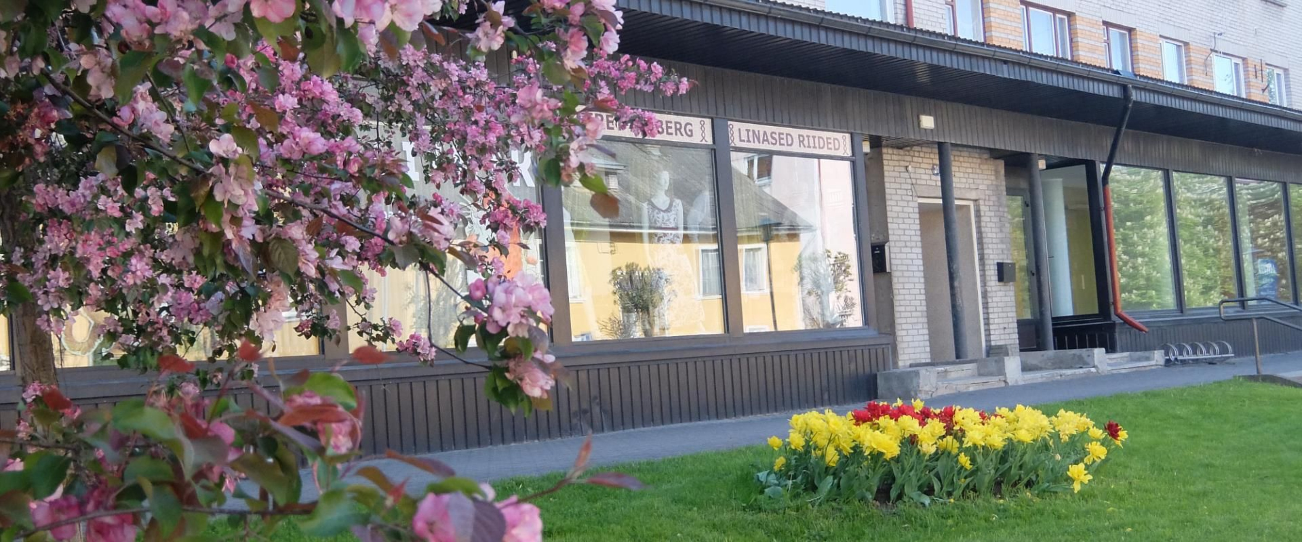 Vaade kaupluse välisfasaadile, kevadel, lilled õitsevad kaupluse ees