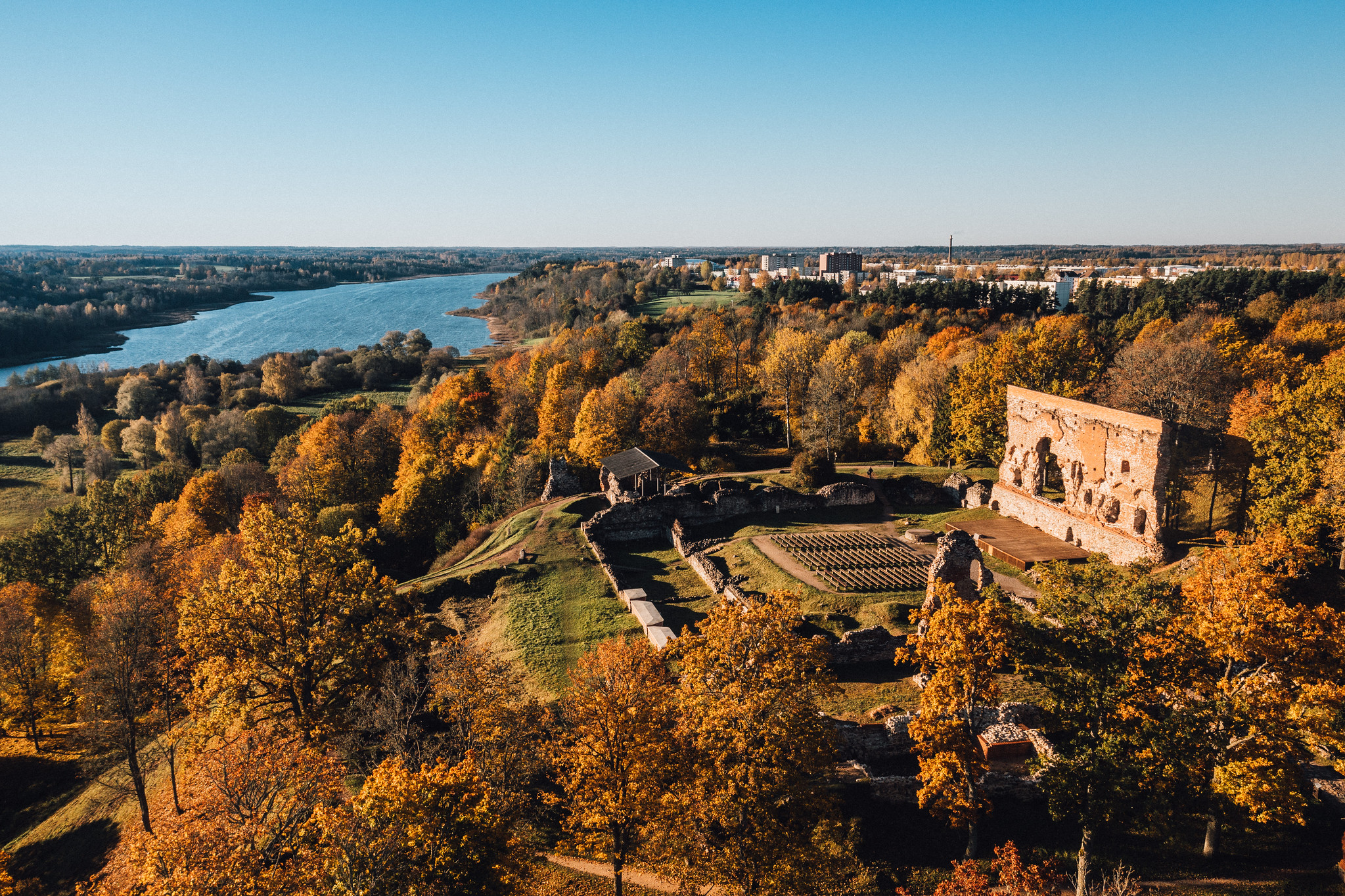 Autumn Viljandi castle hill, ruins and lake