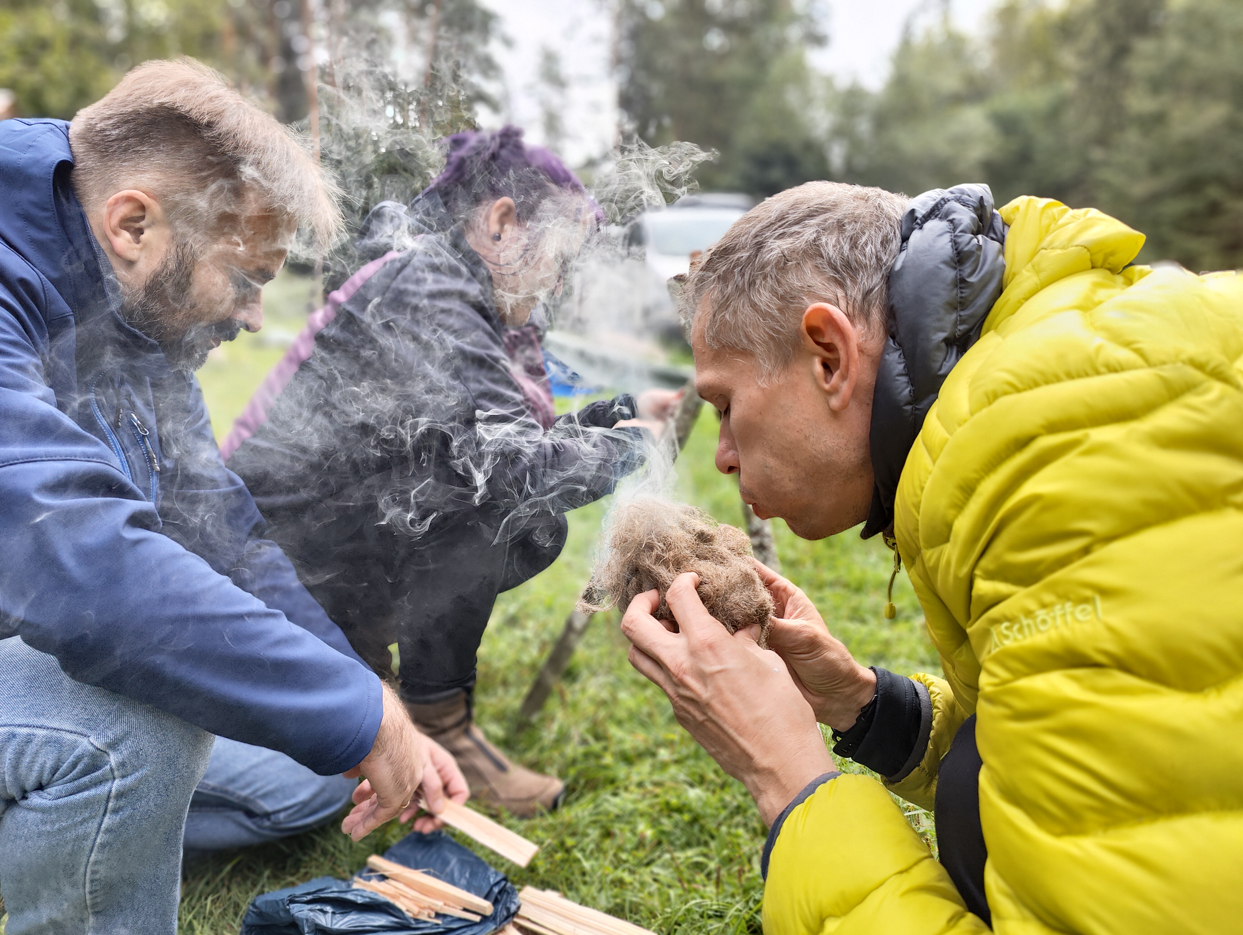 Making a campfire in a survival training