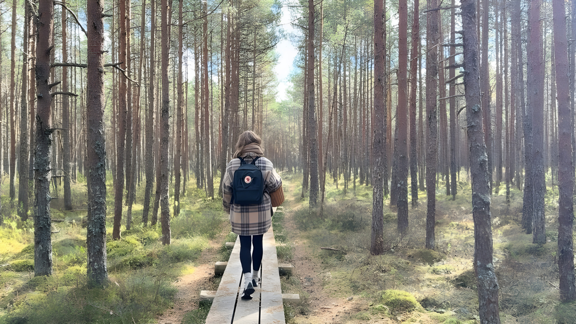 Hiker walking along the boardwalk on the Mustjärve hiking trail in Elva, surrounded by pine forrest