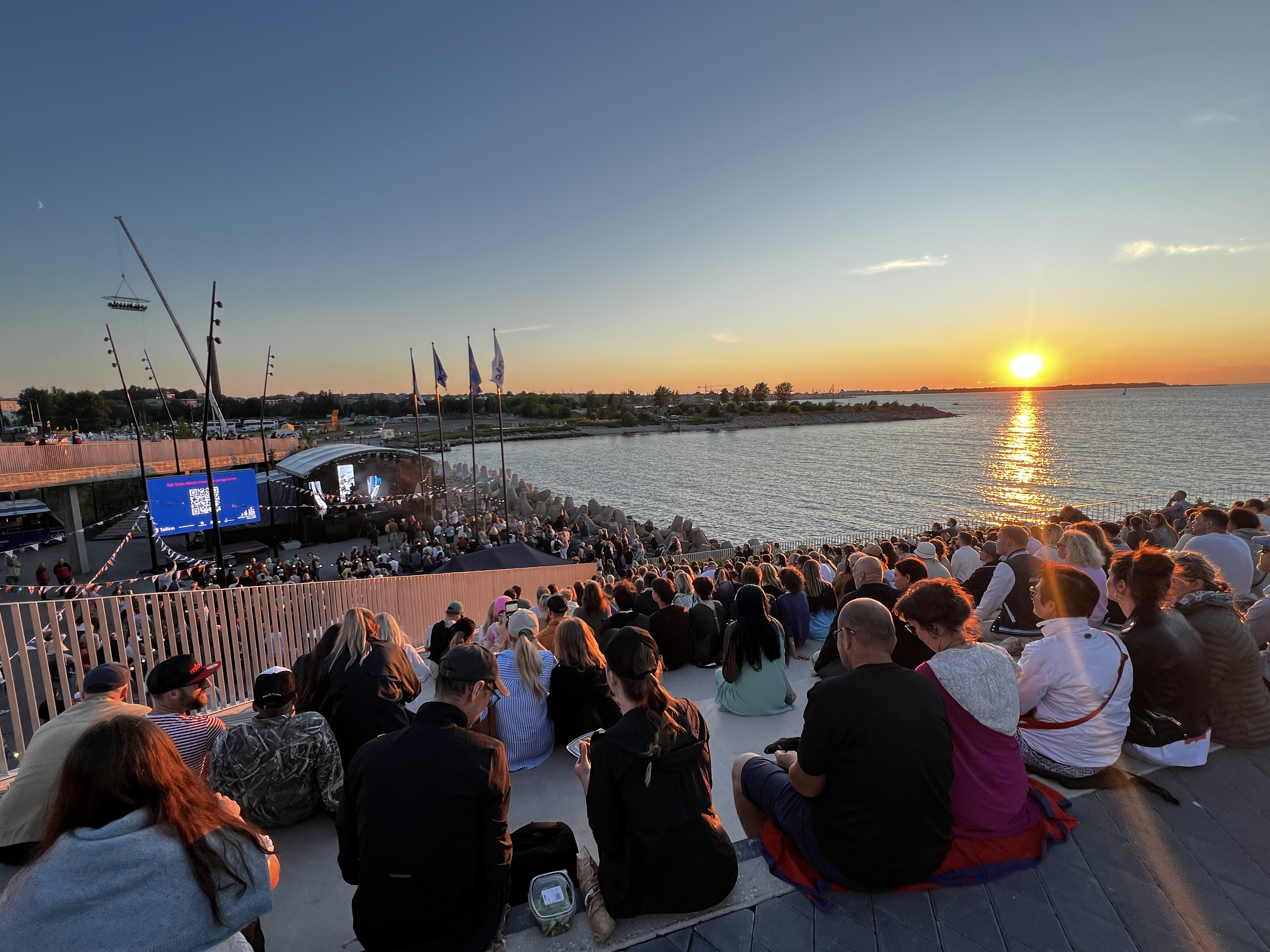 View from Tallinn Port's cruise terminal to the stage and sunset
