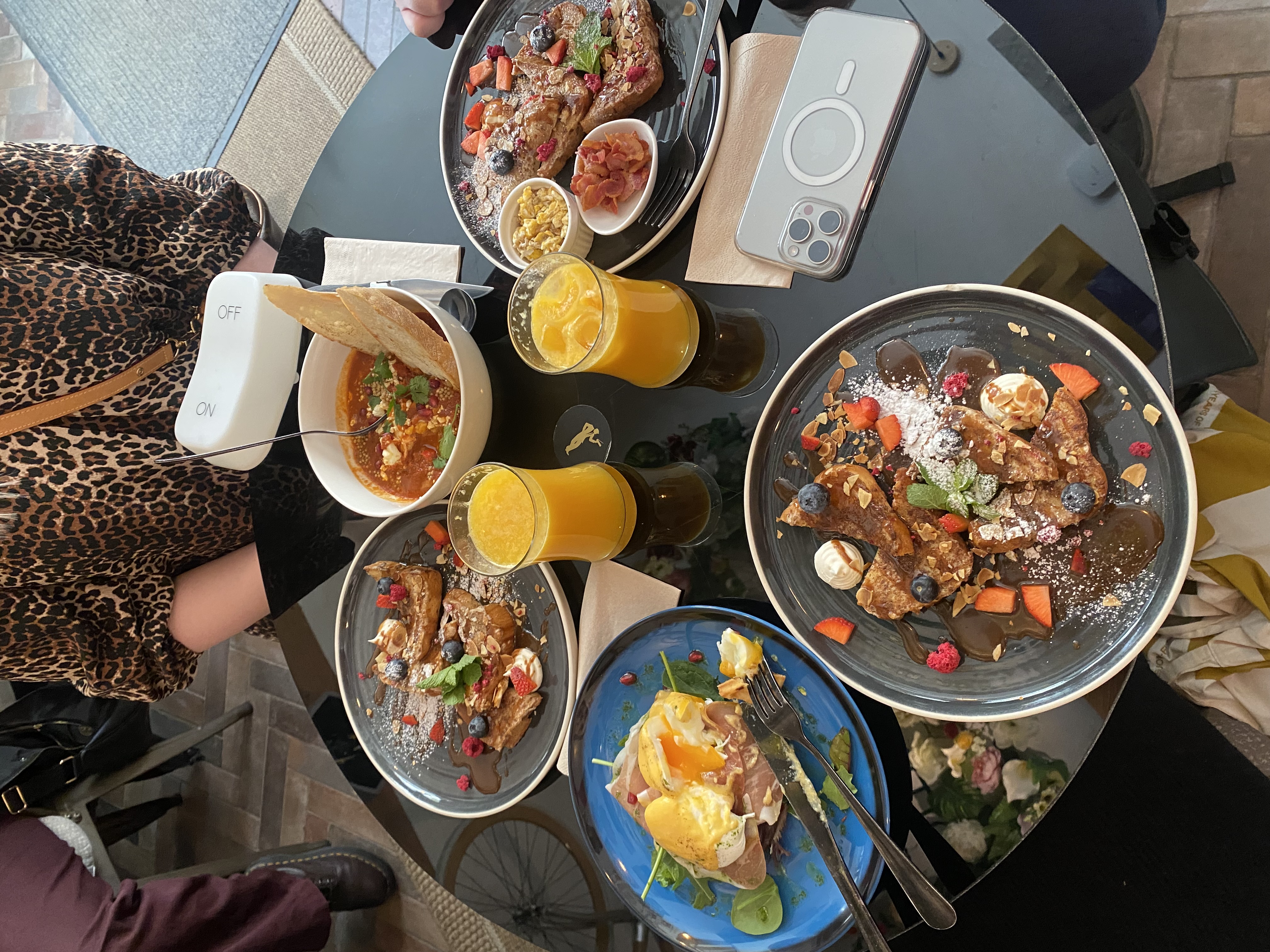 A Brunch table : Eggs Benedict, Shakshouka, French Toasts