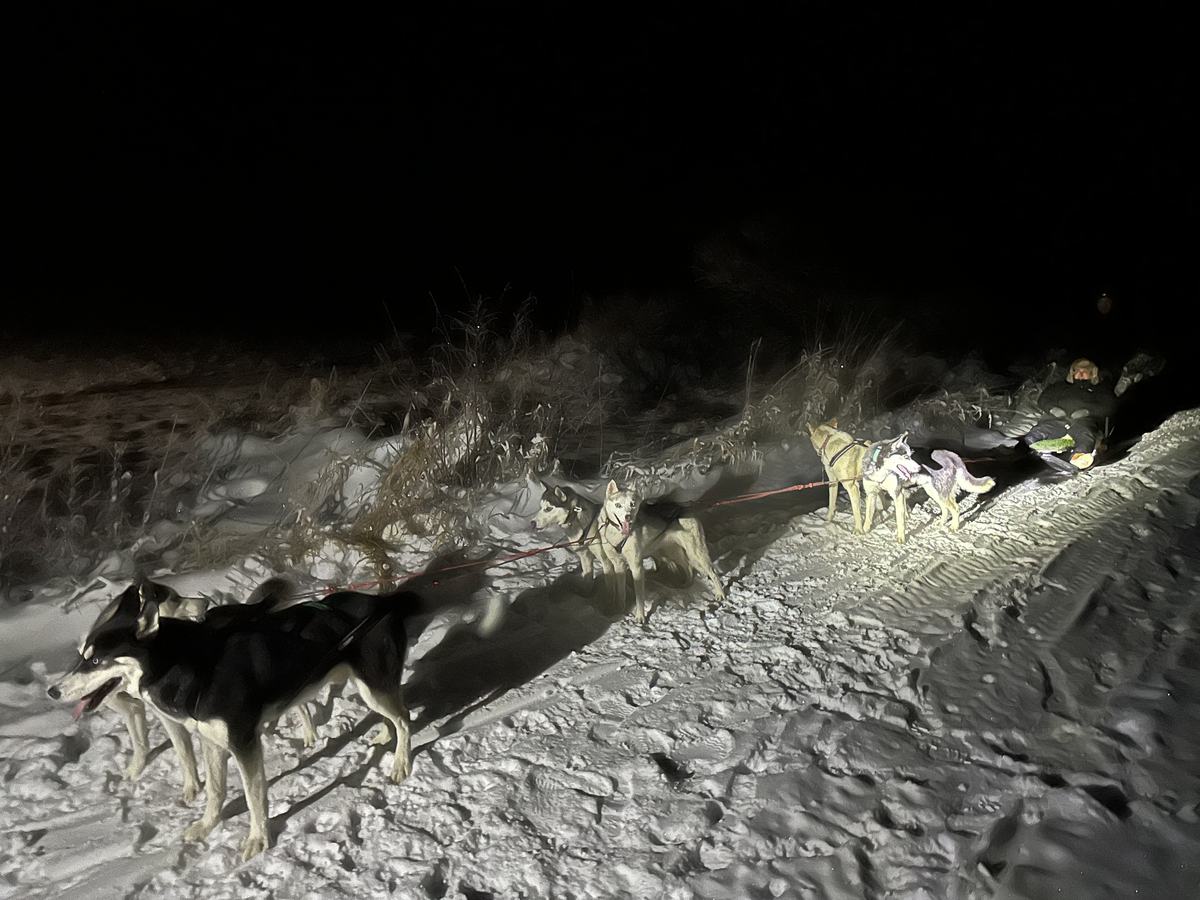 Braukšana tumsā ar apgaismotu pajūgu