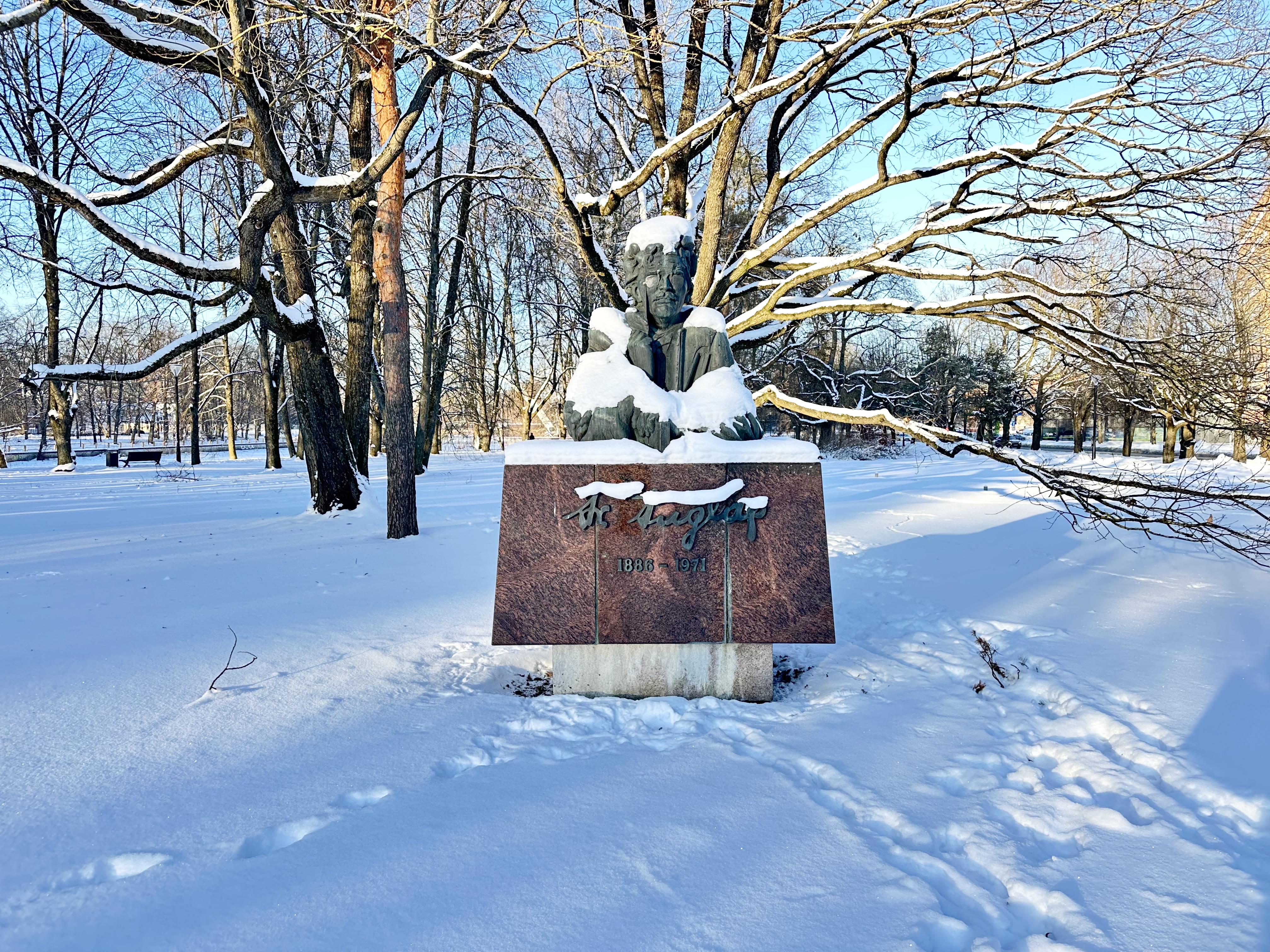 Friedeberg Tuglase monument kaetud lumevaibaga