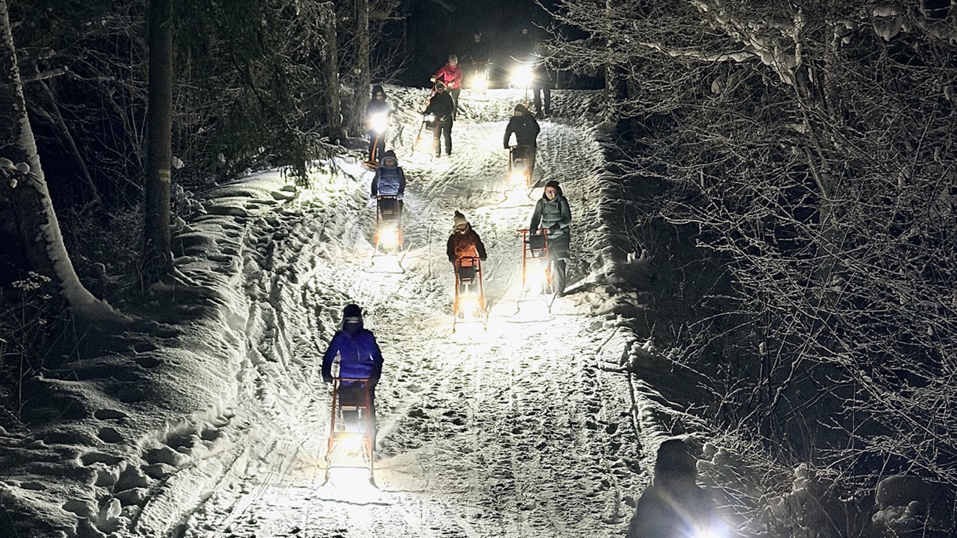 Fahrt auf beleuchteten Tretschlitten – ein Wintererlebnis in der estnischen Natur