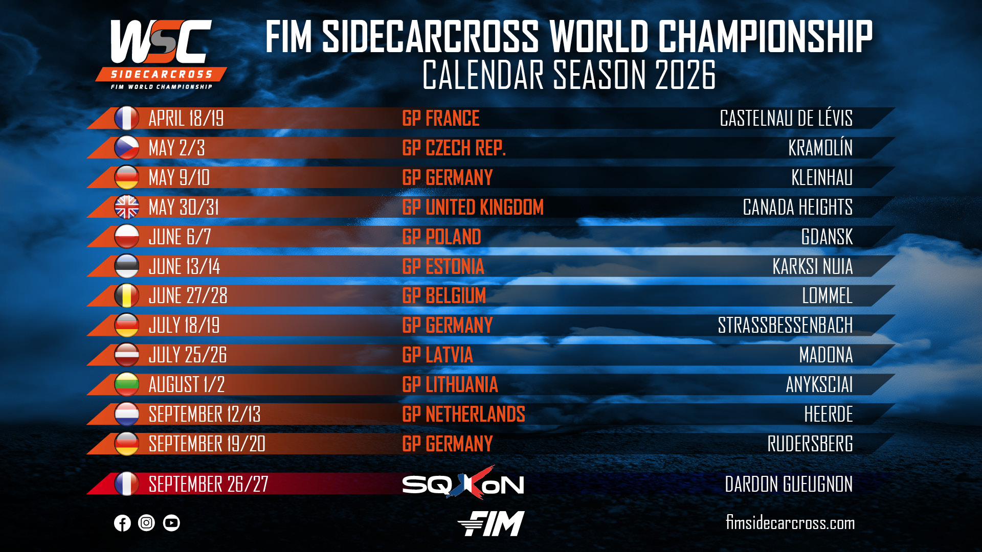 Külgkorvide maailmameistrivõistluste kalender 2026