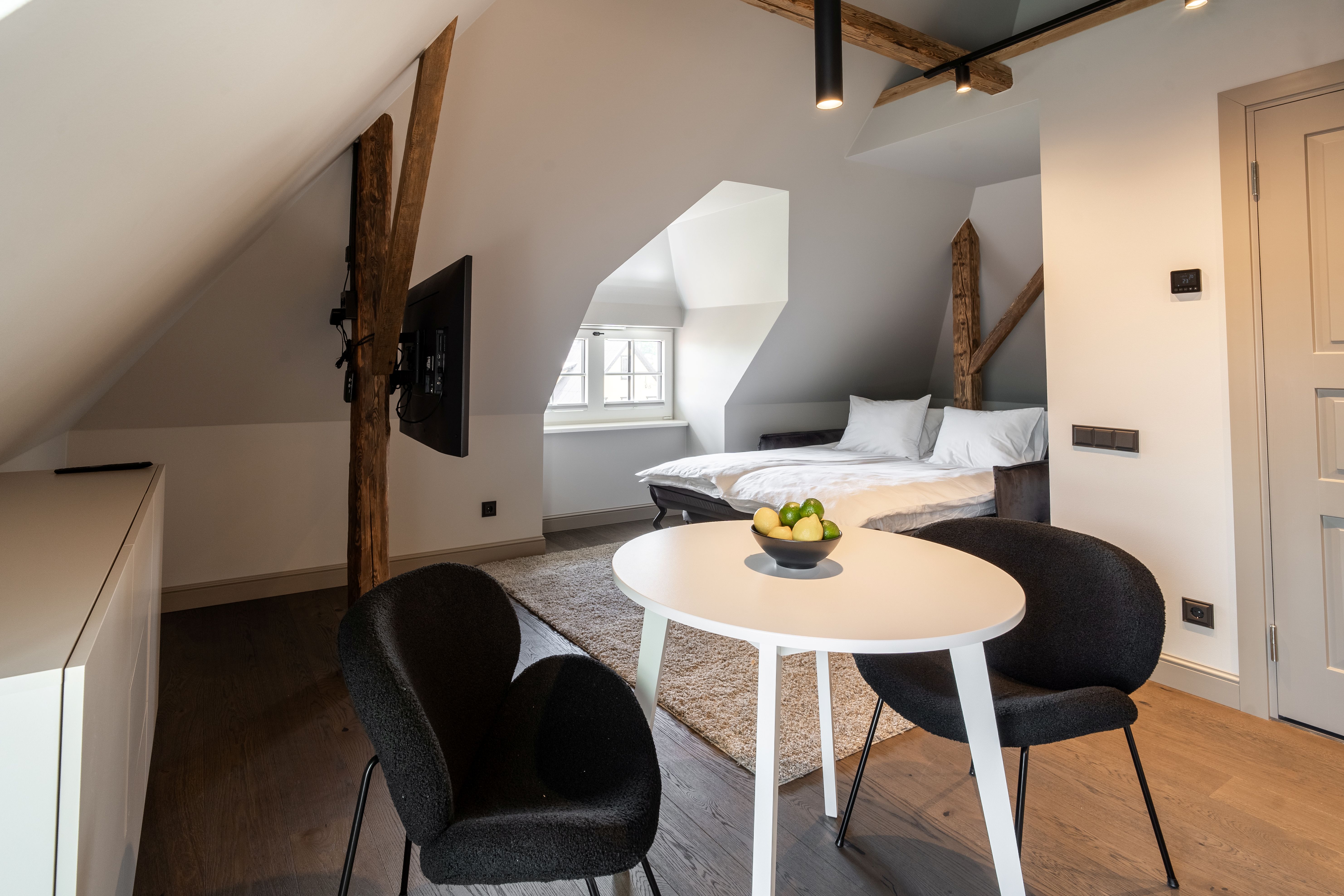 Villa Maramaa kõige väiksem korter diivanvoodi, kuid ruumika vannitoaga.