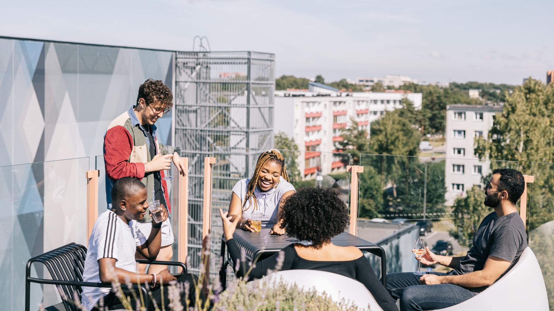 Campus building shared leisure time on the rooftop terrace