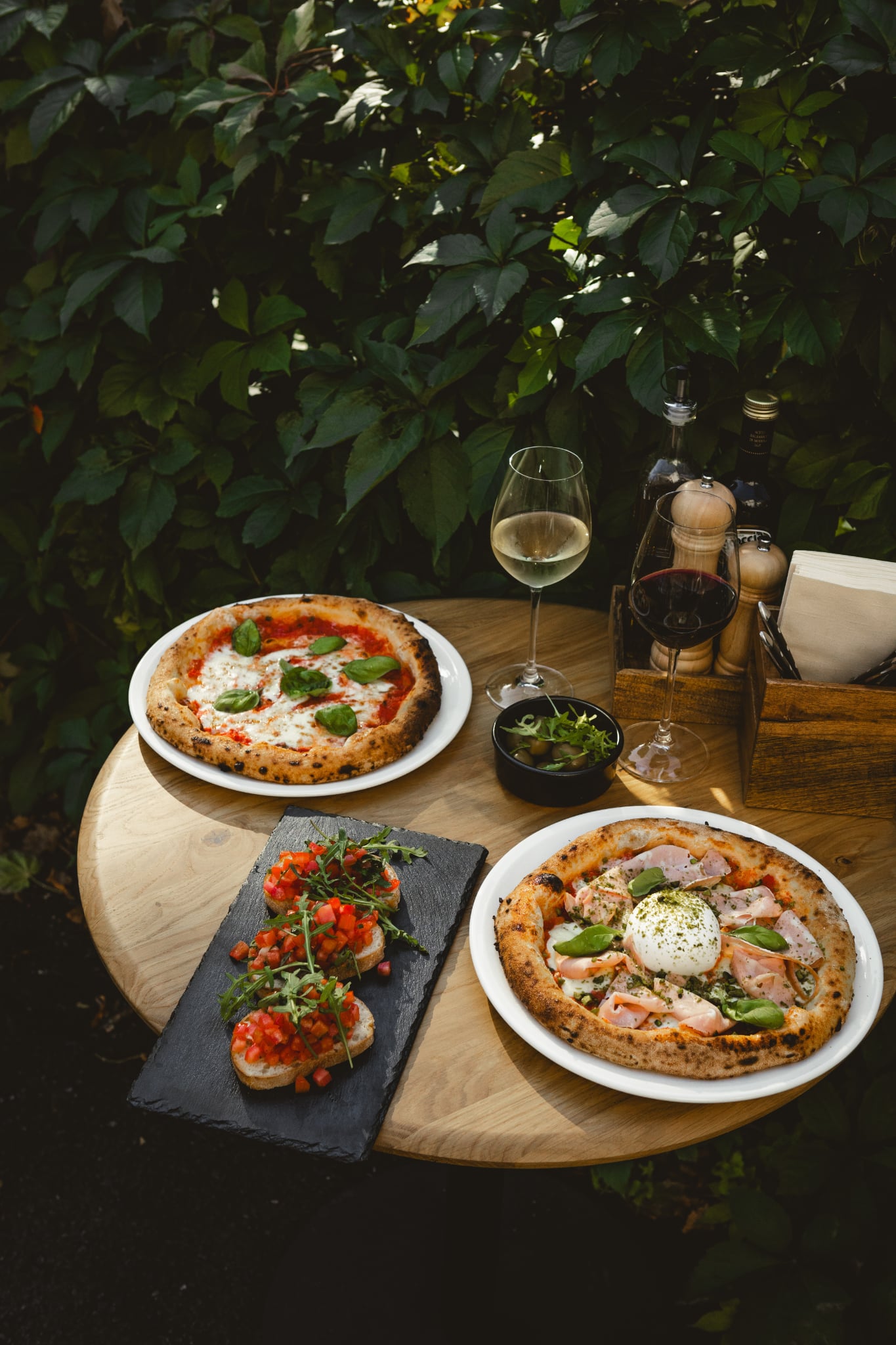 Pizza and wine at the restaurant